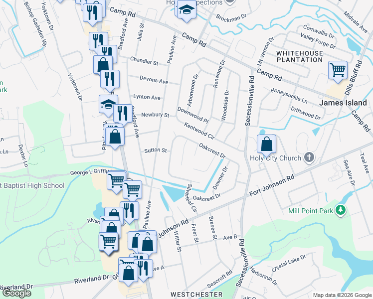 map of restaurants, bars, coffee shops, grocery stores, and more near 1142 Rivercrest Drive in Charleston
