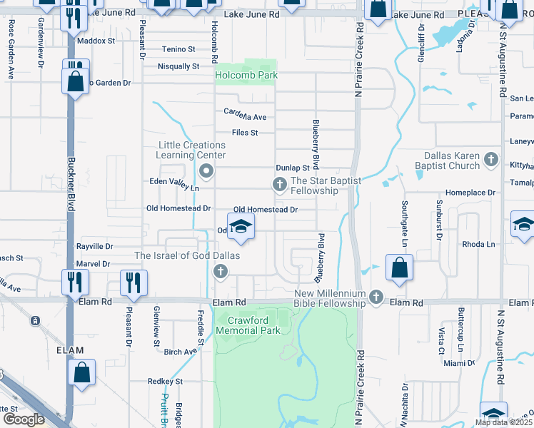 map of restaurants, bars, coffee shops, grocery stores, and more near 8624 Old Homestead Drive in Dallas