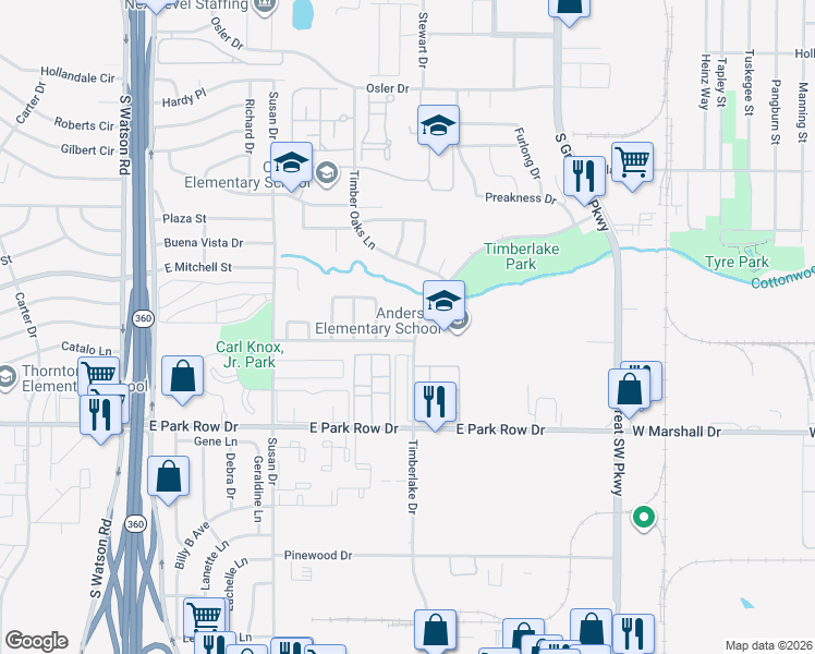 map of restaurants, bars, coffee shops, grocery stores, and more near 1211 Ruthella Drive in Arlington