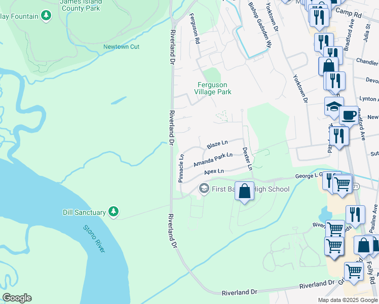 map of restaurants, bars, coffee shops, grocery stores, and more near 1366 Pinnacle Lane in Charleston