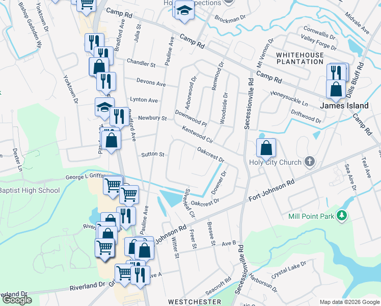 map of restaurants, bars, coffee shops, grocery stores, and more near 1128 Bellwood Road in Charleston