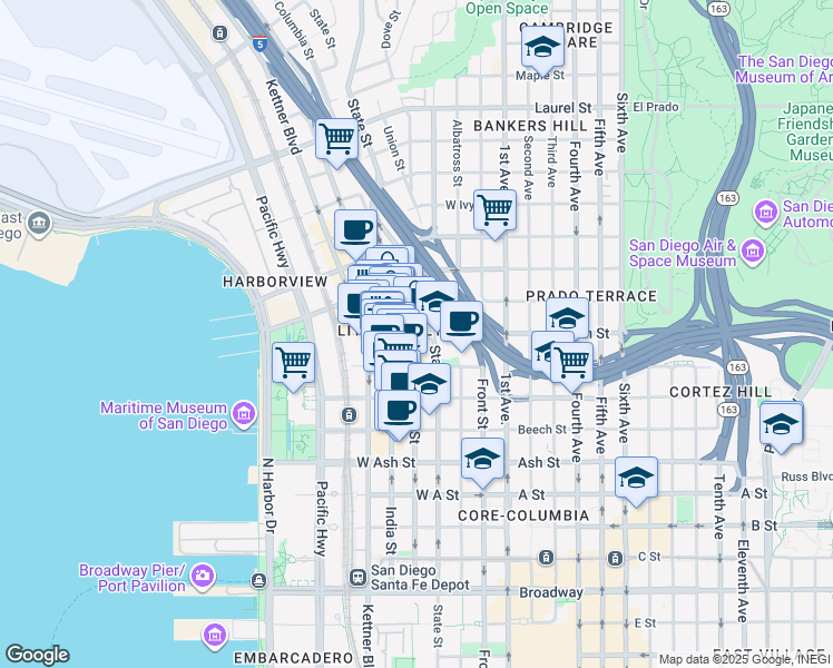 map of restaurants, bars, coffee shops, grocery stores, and more near 1805 Columbia Street in San Diego