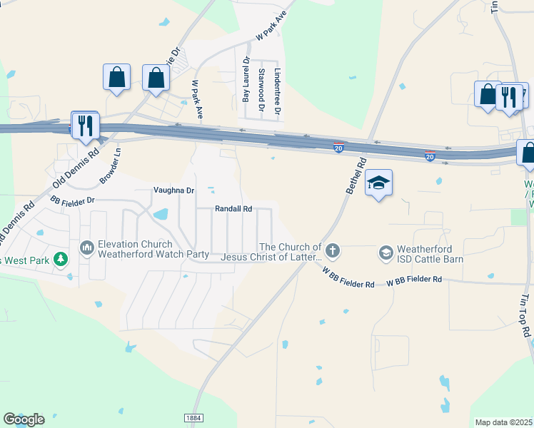 map of restaurants, bars, coffee shops, grocery stores, and more near 2206 Brandy Drive in Weatherford