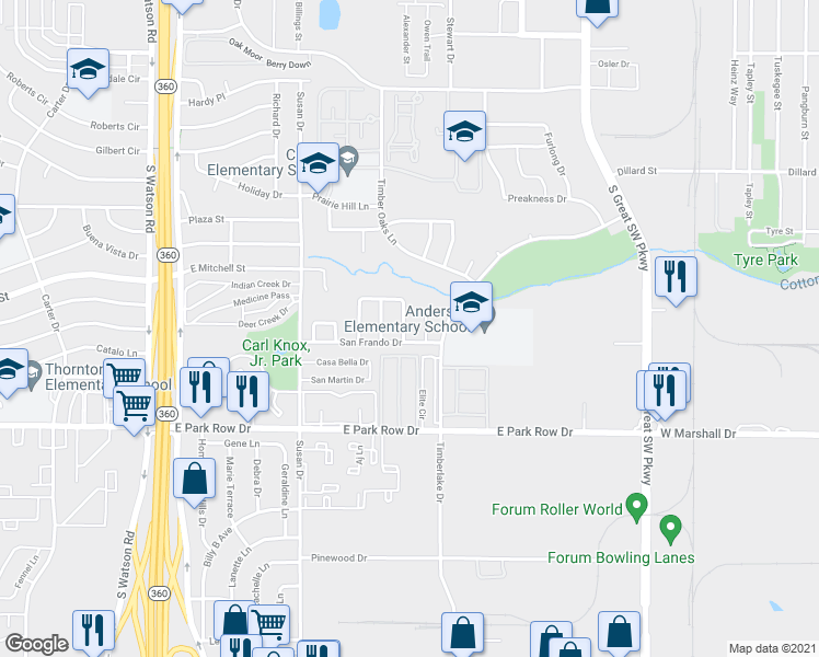 map of restaurants, bars, coffee shops, grocery stores, and more near 1215 Randalito Dr in Arlington