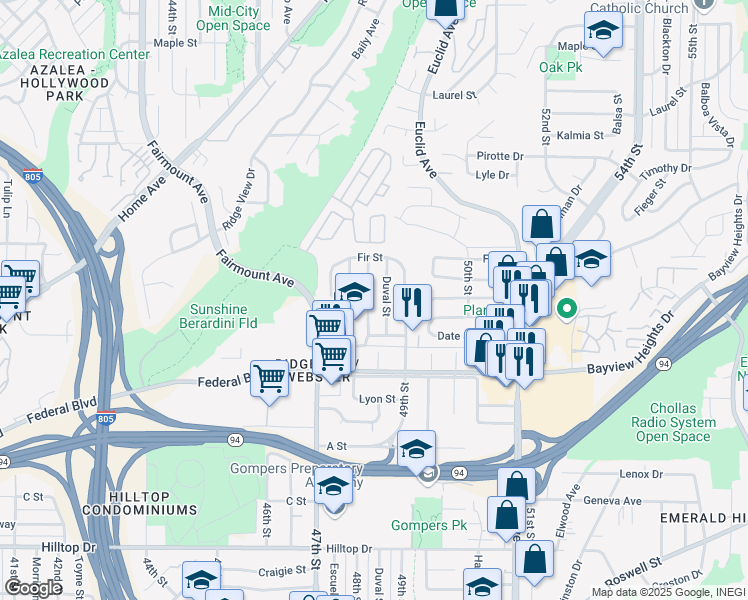 map of restaurants, bars, coffee shops, grocery stores, and more near 1751 Brookline Street in San Diego