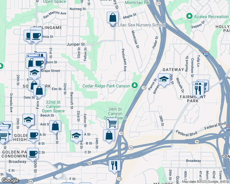 map of restaurants, bars, coffee shops, grocery stores, and more near 1737 Petra Drive in San Diego