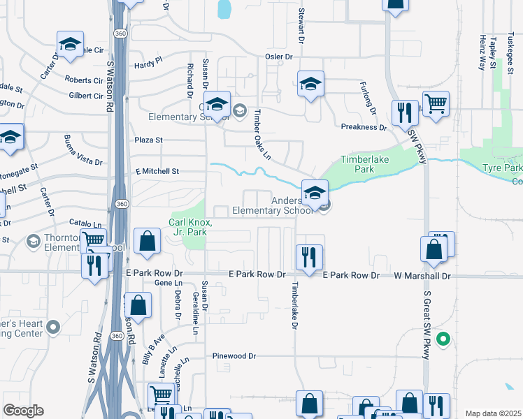 map of restaurants, bars, coffee shops, grocery stores, and more near 1215 Randalito Drive in Arlington