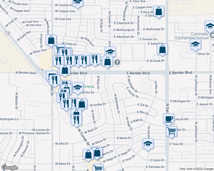 map of restaurants, bars, coffee shops, grocery stores, and more near 2112 North Fowler Street in Hobbs