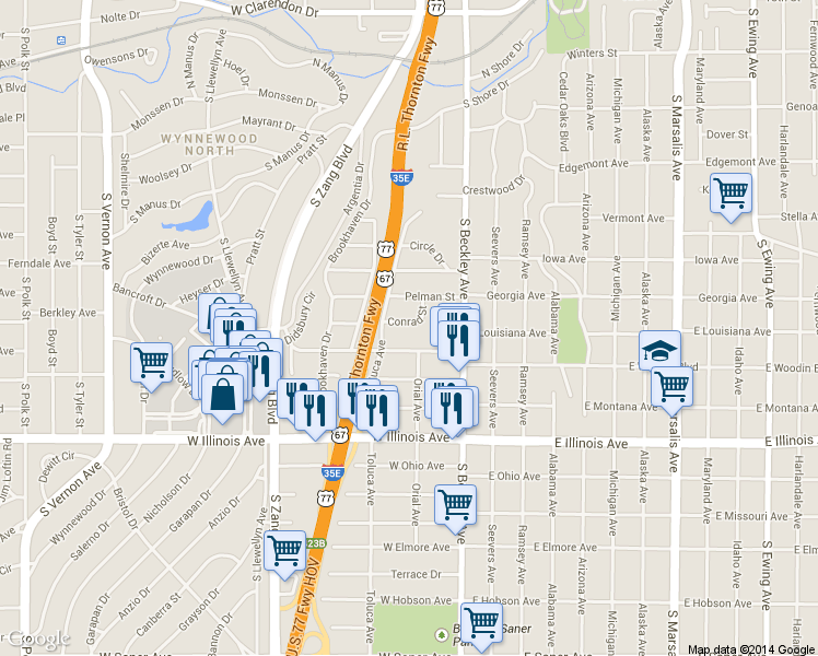 map of restaurants, bars, coffee shops, grocery stores, and more near 208 Conrad Street in Dallas
