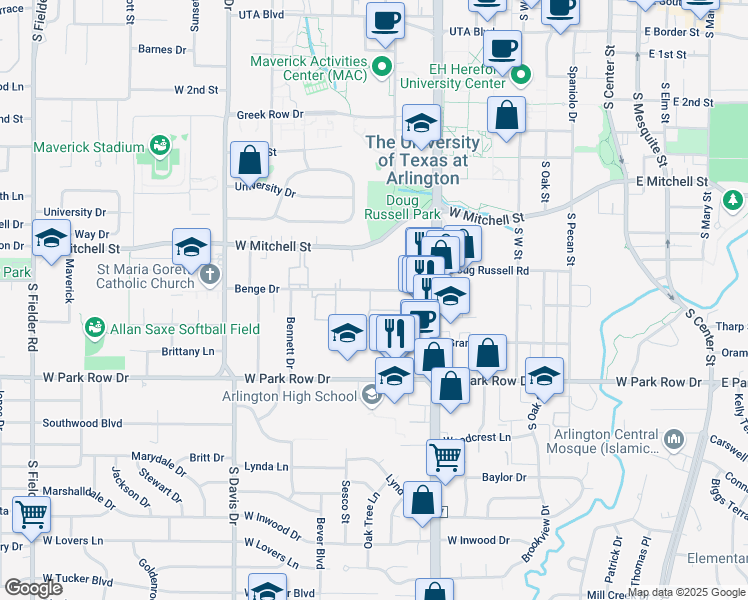 map of restaurants, bars, coffee shops, grocery stores, and more near 806 Benge Drive in Arlington