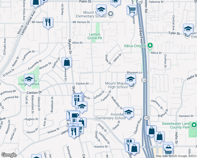 map of restaurants, bars, coffee shops, grocery stores, and more near 1650 Walbollen Street in Spring Valley