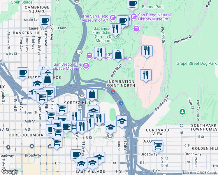map of restaurants, bars, coffee shops, grocery stores, and more near El Camino Real in San Diego