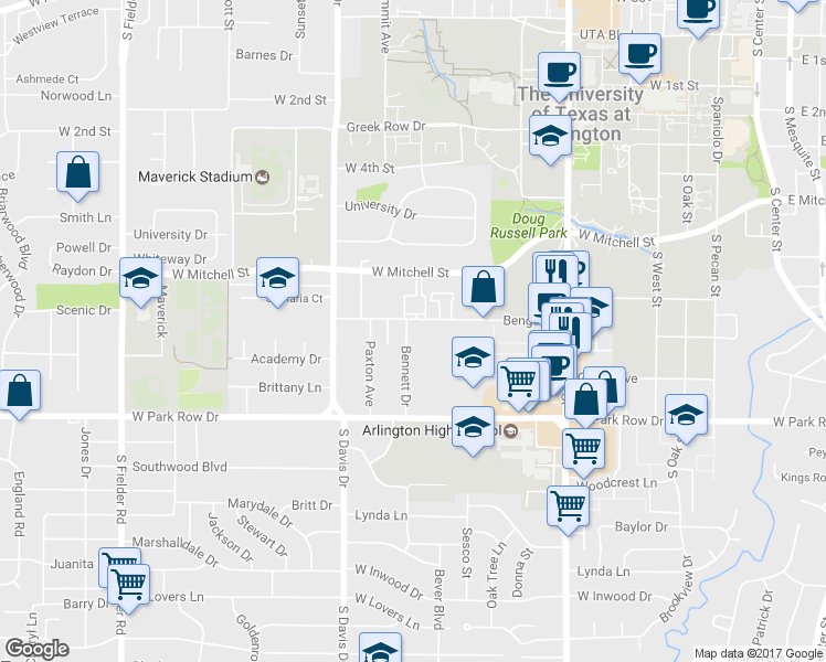map of restaurants, bars, coffee shops, grocery stores, and more near 1303 Bennett Drive in Arlington