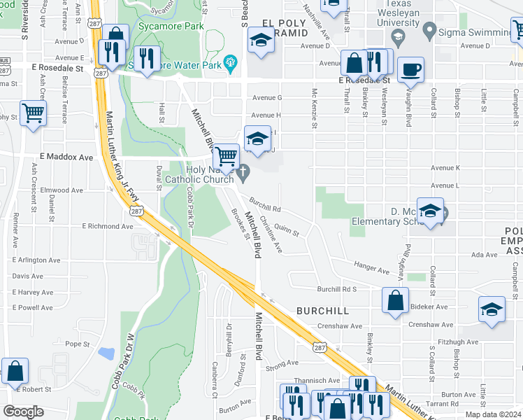 map of restaurants, bars, coffee shops, grocery stores, and more near 2650 Burchill Road in Fort Worth