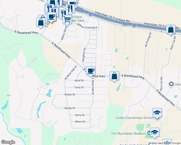 map of restaurants, bars, coffee shops, grocery stores, and more near 394 Spyglass Drive in Aledo