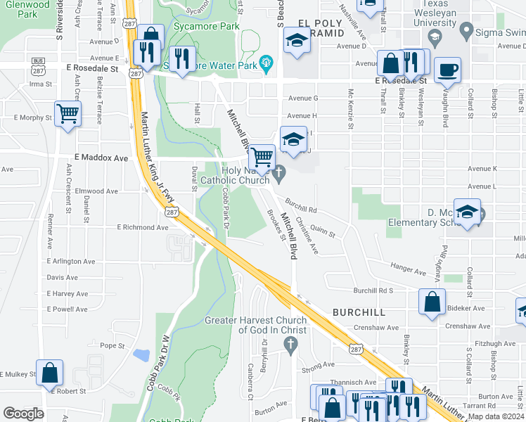 map of restaurants, bars, coffee shops, grocery stores, and more near 2034 Brooks Street in Fort Worth