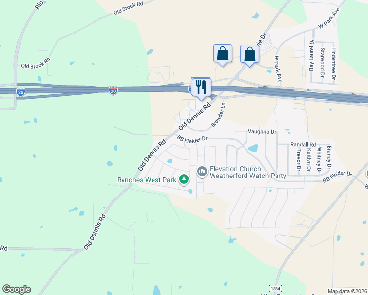 map of restaurants, bars, coffee shops, grocery stores, and more near 1036 Goodnight Ranch Drive in Weatherford