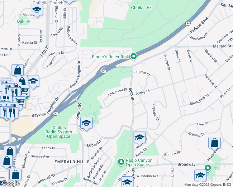 map of restaurants, bars, coffee shops, grocery stores, and more near 5885 Chaumont Drive in San Diego