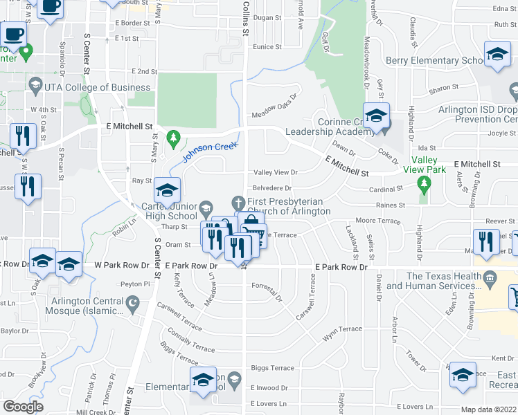 map of restaurants, bars, coffee shops, grocery stores, and more near 906 Sunnyvale Drive in Arlington