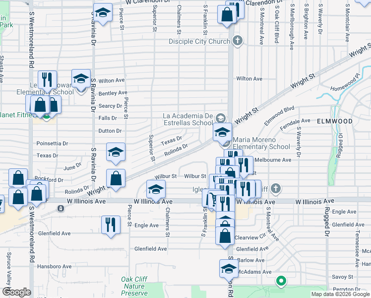 map of restaurants, bars, coffee shops, grocery stores, and more near 2530 Rolinda Drive in Dallas