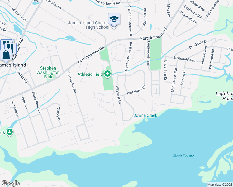 map of restaurants, bars, coffee shops, grocery stores, and more near 1060 Wayfarer Ln in Charleston