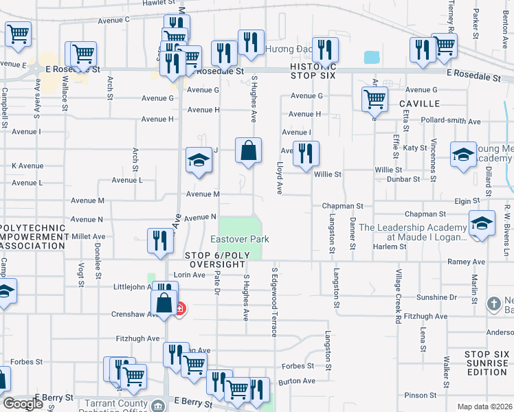 map of restaurants, bars, coffee shops, grocery stores, and more near 2009 South Hughes Avenue in Fort Worth