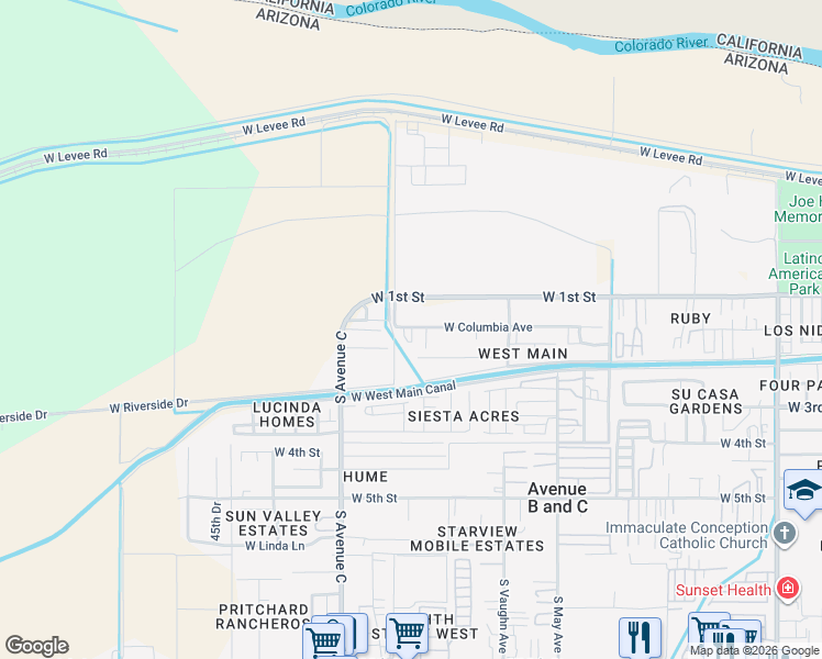 map of restaurants, bars, coffee shops, grocery stores, and more near 3425 West Columbia Avenue in Yuma