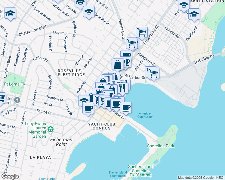 map of restaurants, bars, coffee shops, grocery stores, and more near 1331 Rosecrans Street in San Diego