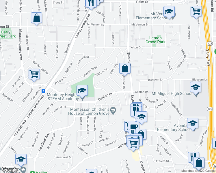 map of restaurants, bars, coffee shops, grocery stores, and more near 1740 Dupont Drive in Lemon Grove