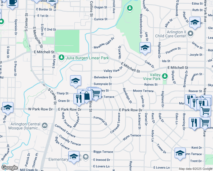 map of restaurants, bars, coffee shops, grocery stores, and more near 1004 Sunnyvale Drive in Arlington