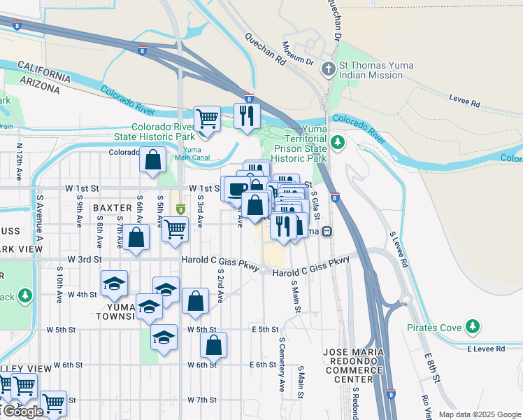map of restaurants, bars, coffee shops, grocery stores, and more near in Yuma