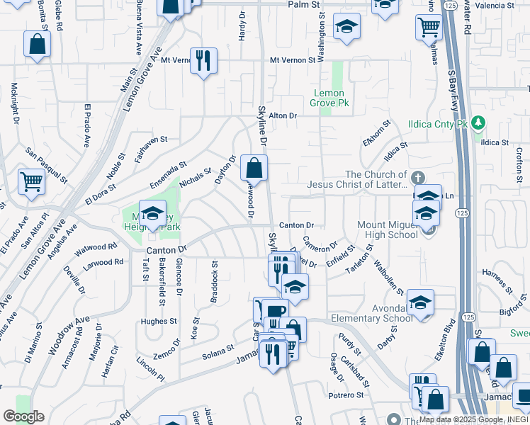 map of restaurants, bars, coffee shops, grocery stores, and more near 1740 Skyline Drive in Lemon Grove