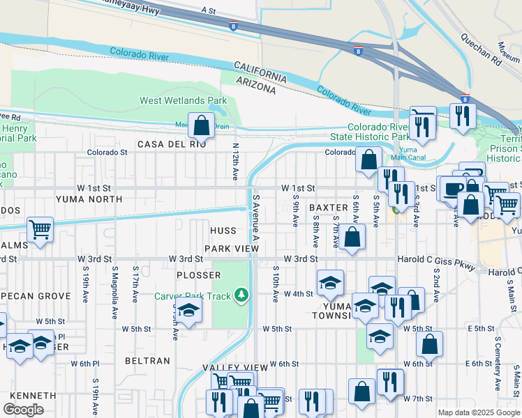 map of restaurants, bars, coffee shops, grocery stores, and more near 183 South Avenue A in Yuma