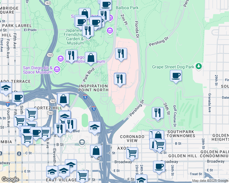 map of restaurants, bars, coffee shops, grocery stores, and more near in San Diego