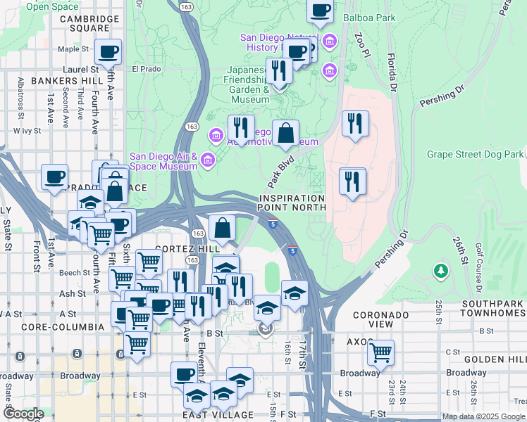 map of restaurants, bars, coffee shops, grocery stores, and more near San Diego Fwy in San Diego