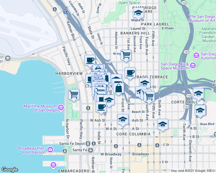 map of restaurants, bars, coffee shops, grocery stores, and more near 1789 State Street in San Diego