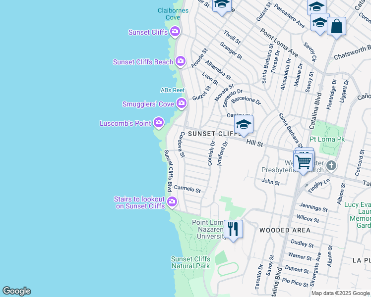 map of restaurants, bars, coffee shops, grocery stores, and more near 4460 Monaco Street in San Diego