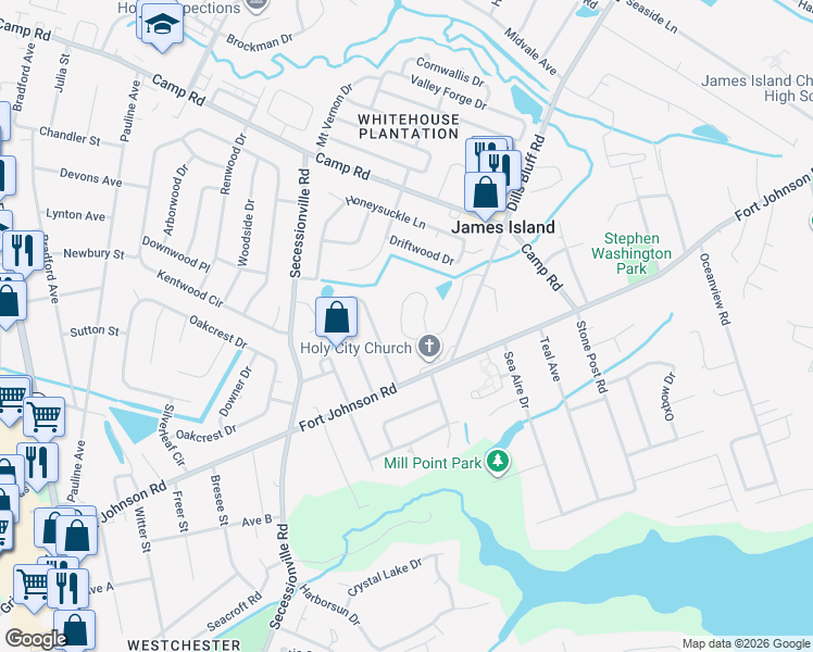 map of restaurants, bars, coffee shops, grocery stores, and more near 1506 Swamp Fox Lane in Charleston