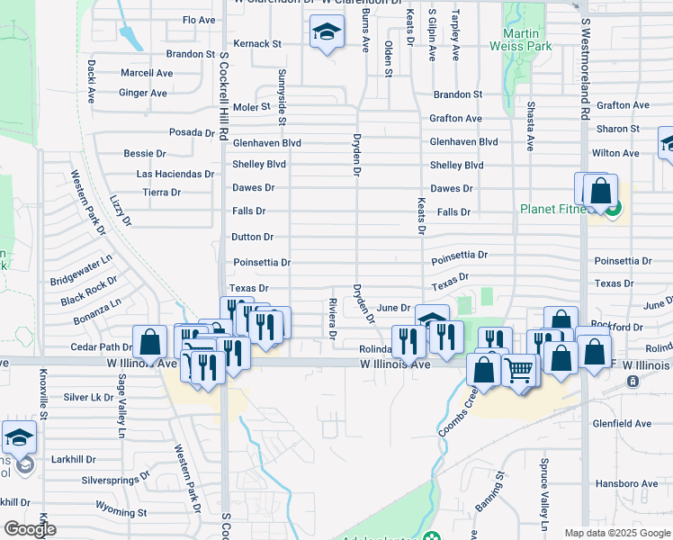 map of restaurants, bars, coffee shops, grocery stores, and more near 4036 Poinsettia Drive in Dallas