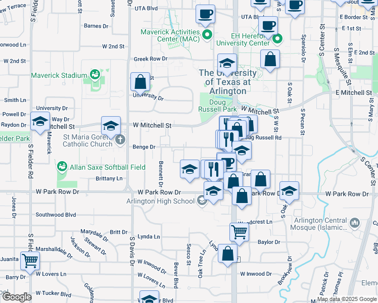 map of restaurants, bars, coffee shops, grocery stores, and more near 930 Benge Drive in Arlington
