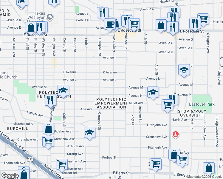 map of restaurants, bars, coffee shops, grocery stores, and more near 3620 Avenue M in Fort Worth