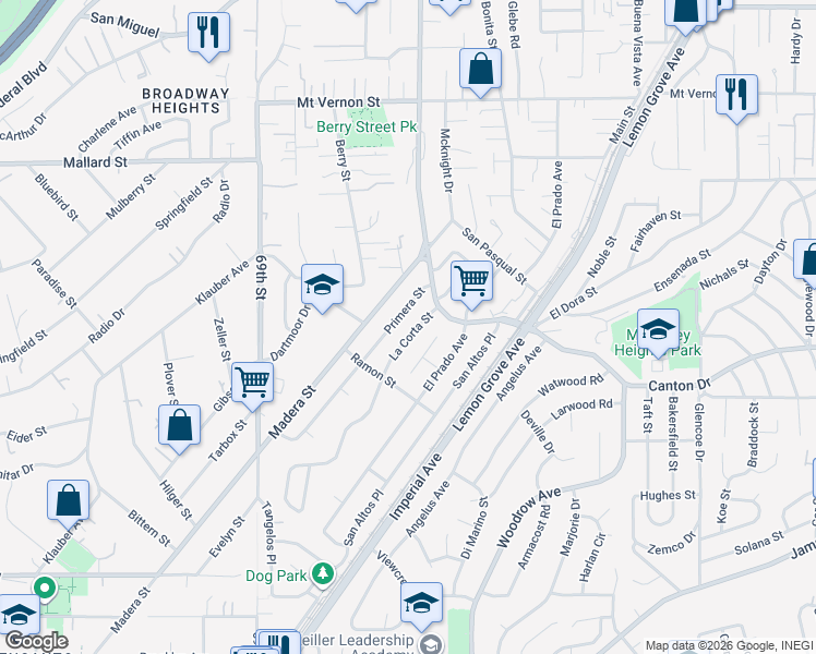 map of restaurants, bars, coffee shops, grocery stores, and more near 1810 La Corta Street in Lemon Grove