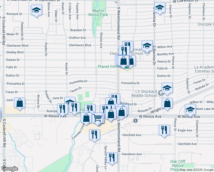 map of restaurants, bars, coffee shops, grocery stores, and more near 3403 Texas Drive in Dallas