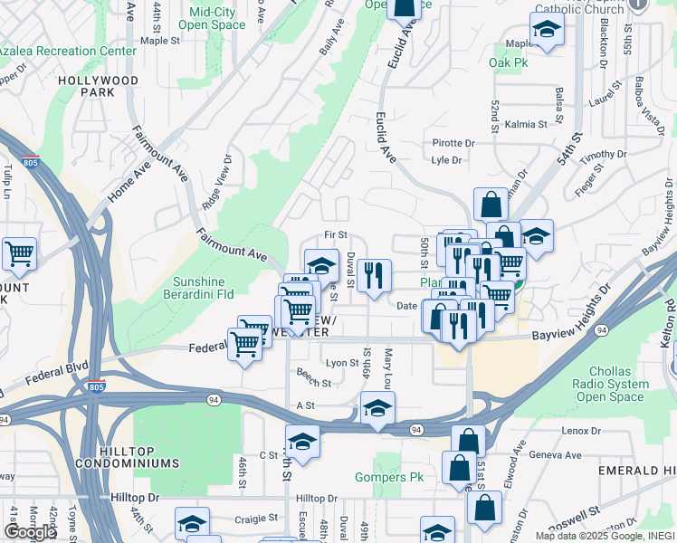 map of restaurants, bars, coffee shops, grocery stores, and more near 1751 Brookline Street in San Diego