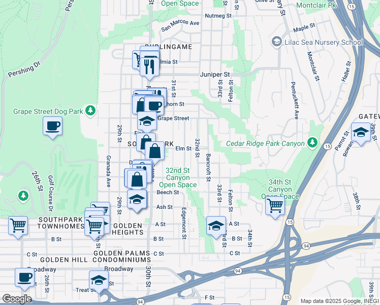 map of restaurants, bars, coffee shops, grocery stores, and more near 3165 Elm St in San Diego