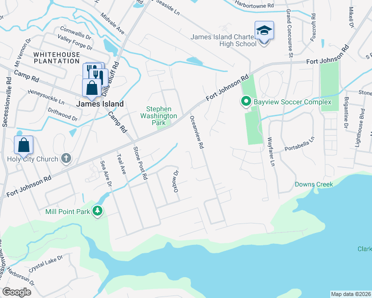 map of restaurants, bars, coffee shops, grocery stores, and more near 1195 Ocean View Road in Charleston