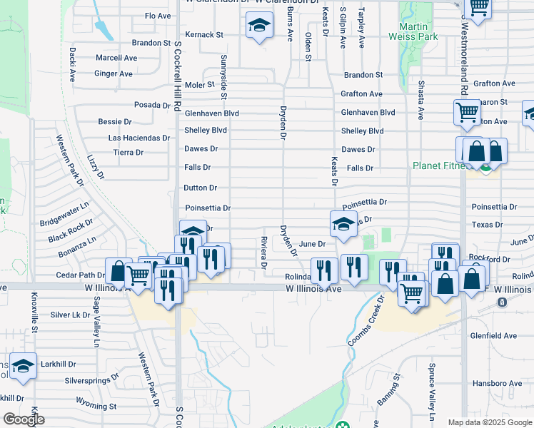 map of restaurants, bars, coffee shops, grocery stores, and more near 4036 Poinsettia Drive in Dallas