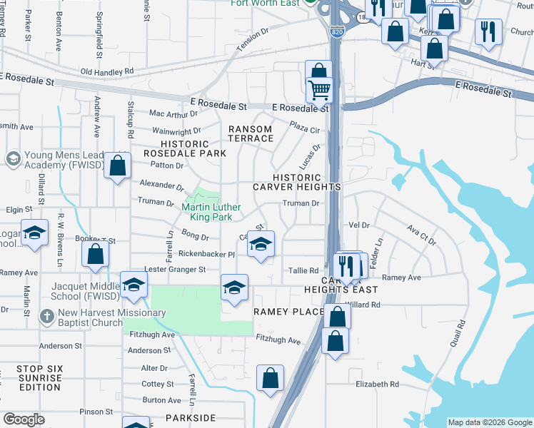 map of restaurants, bars, coffee shops, grocery stores, and more near 2210 McEwen Court in Fort Worth