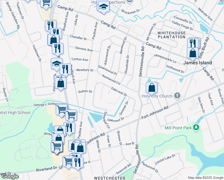 map of restaurants, bars, coffee shops, grocery stores, and more near 1128 Bellwood Road in Charleston