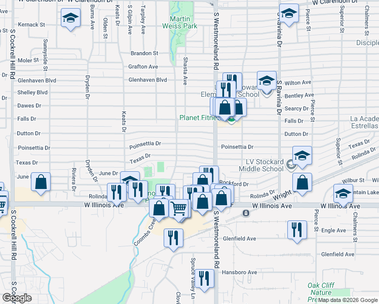 map of restaurants, bars, coffee shops, grocery stores, and more near 3403 Texas Drive in Dallas